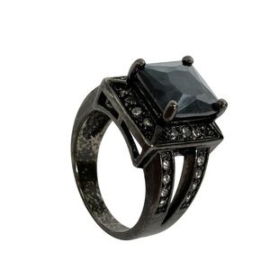 Black Square Stone Ring with Faux Diamonds Goth Statement Ring Size 8